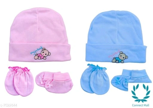 Baby Unisex Mitten Cotton Cap and Booty Set - Free Size, Pink,Blue, Cotton, Mitten Cap &Booty Set, Multipack:2